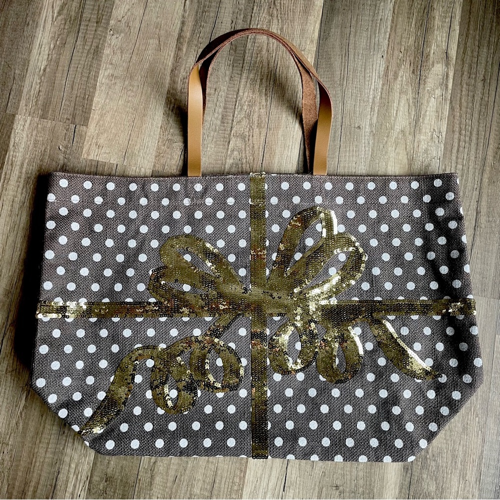NEW Black and gold bow sequin Mud Pie Christmas tote bag